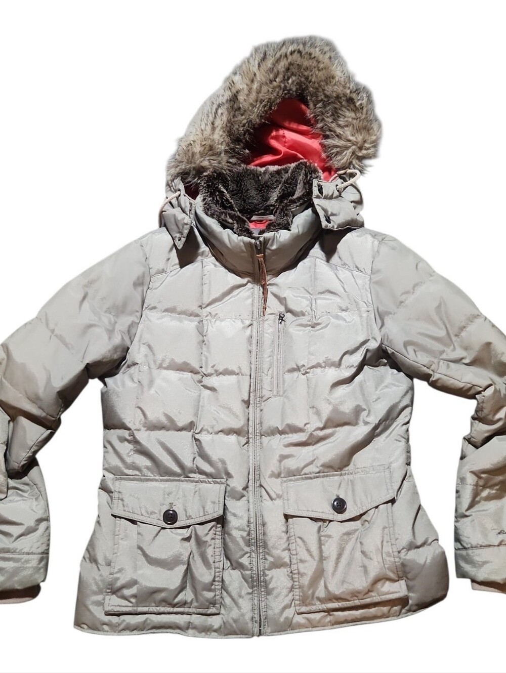 Eddie Bauer Yukon EB550 Premium Goose Down Faux Fur Hooded Jacket SZ Large Tan